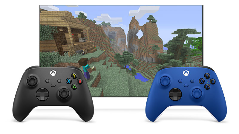 Два геймпада соединены вместе с помощью функции co-pilot для игры в Minecraft