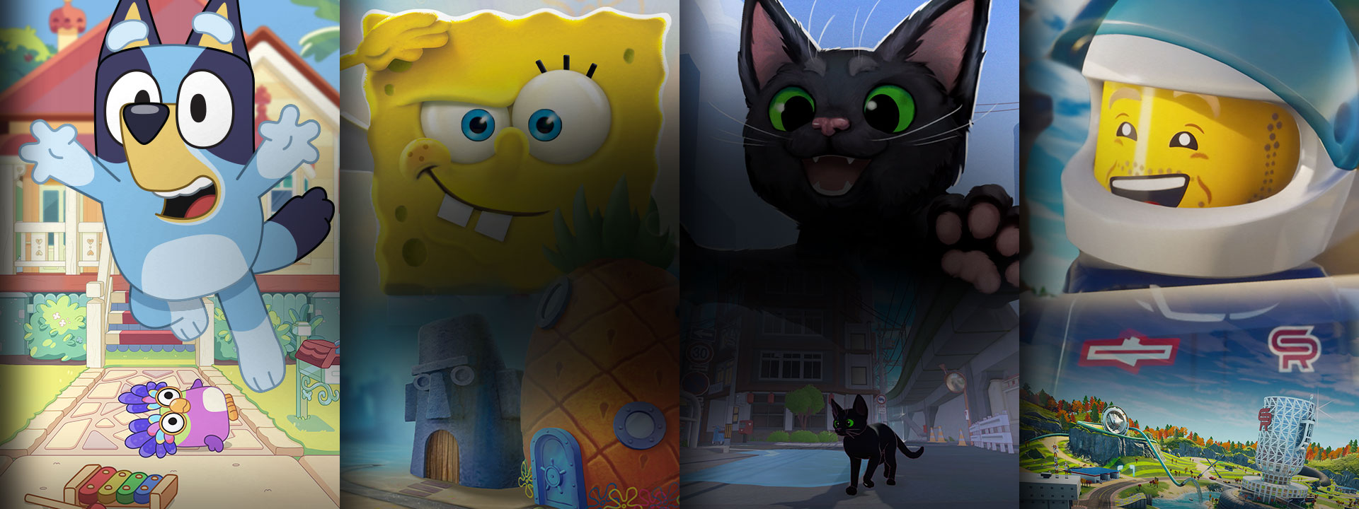 Eine Auswahl an Spielen, die mit Game Pass erhältlich sind, darunter Bluey, SpongeBob Schwammkopf: Kampf um Bikini Bottom – Rehydrated, Little Kitty Big City und LEGO 2K Drive. 