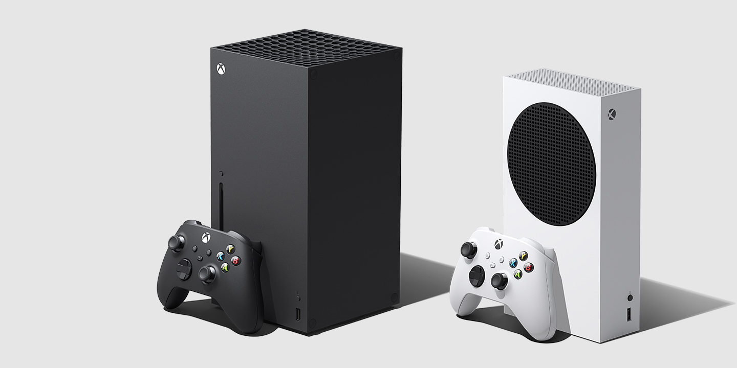 Consoles Xbox Series X e S em um fundo cinza e branco
