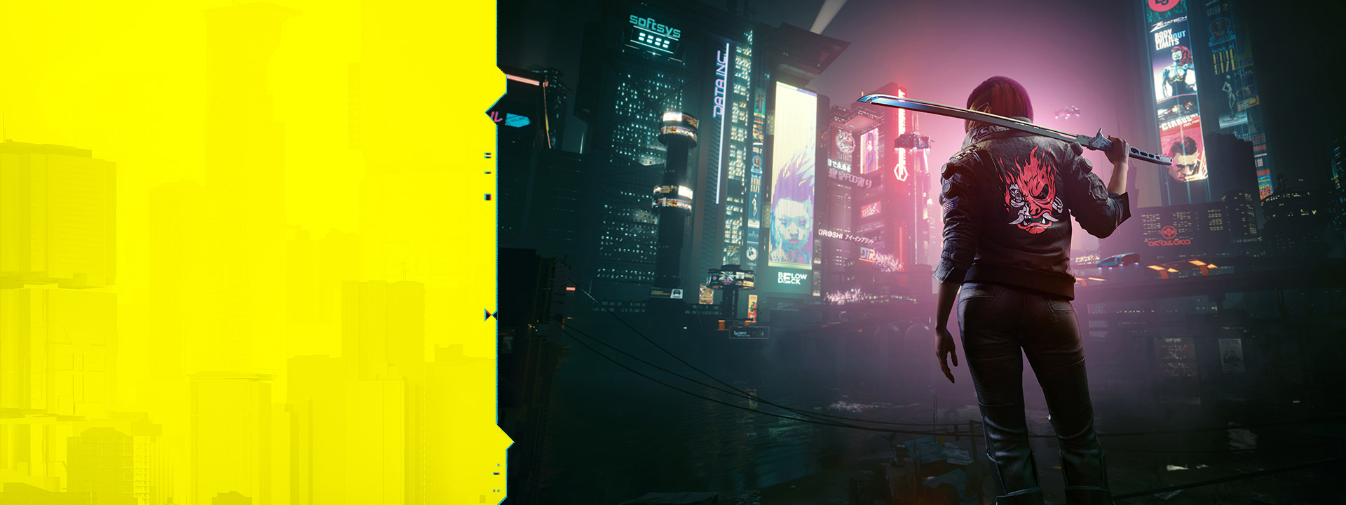 V 肩上扛著劍,凝視著 Night City。