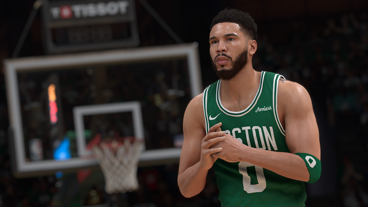 Jayson Tatum áll a pályán a 0-s számú Boston Celtics-mezben.