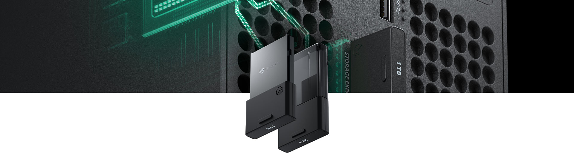 Seagate 1 terabyte Storage Expansion Card for Xbox Series X with a close-up of card inserted into an Xbox Series X
