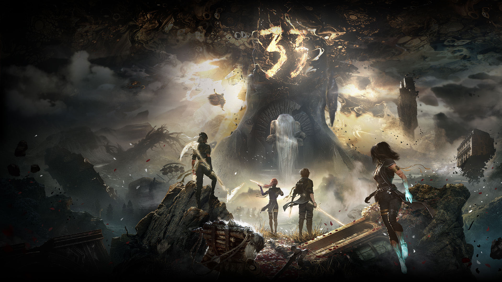 Four Expeditioners holding weapons stand on a stormy cliff before the Paintress underneath the number 33 written in the sky.