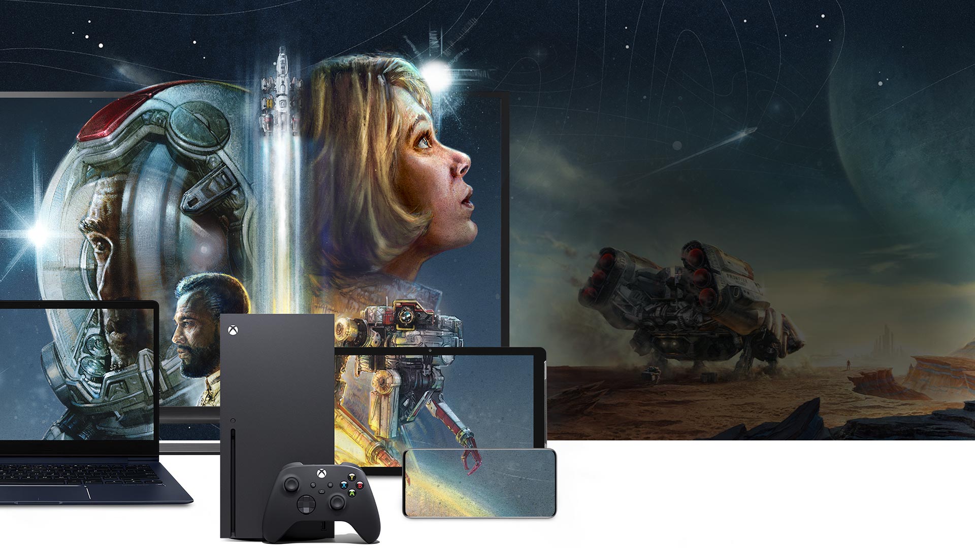 Console Xbox Series X com PC, tablet e celular com Starfield. Um explorador de pé à beira de um cânion fora de uma nave espacial.