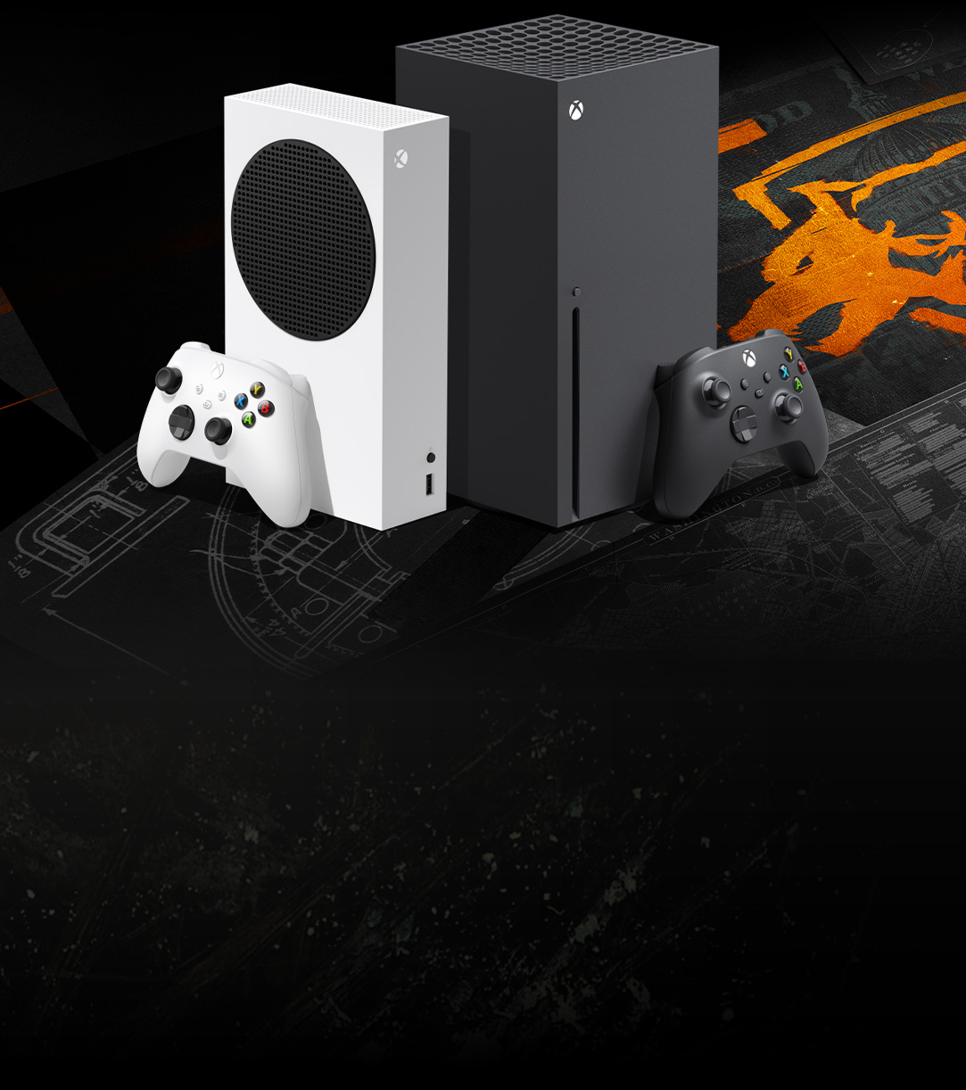 front view of 2 Xbox Series X|S console devices