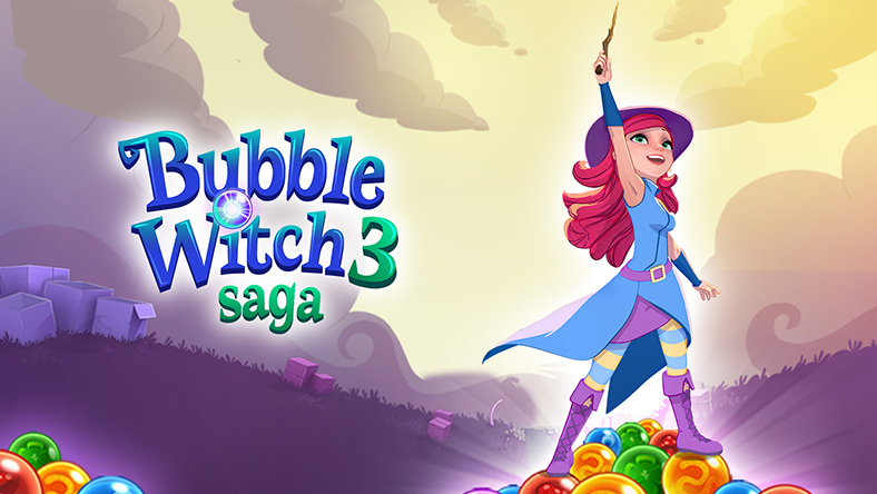 Bubble Witch 3 Saga, Frontansicht eines Charakters aus Bubble Witch 3, der einen Zauberstab in den Himmel hält.