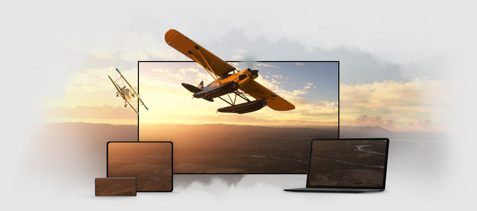 『Microsoft Flight Simulator』のゲームプレイは、ノート PC、テレビ、携帯電話、タブレットなど、複数のデバイスの画面に表示されます。