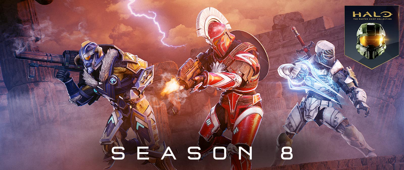 Halo: The Master Chief Collection, Staffel 8, Mehrere Elites posieren in verschiedenen Rüstungen und halten Waffen.