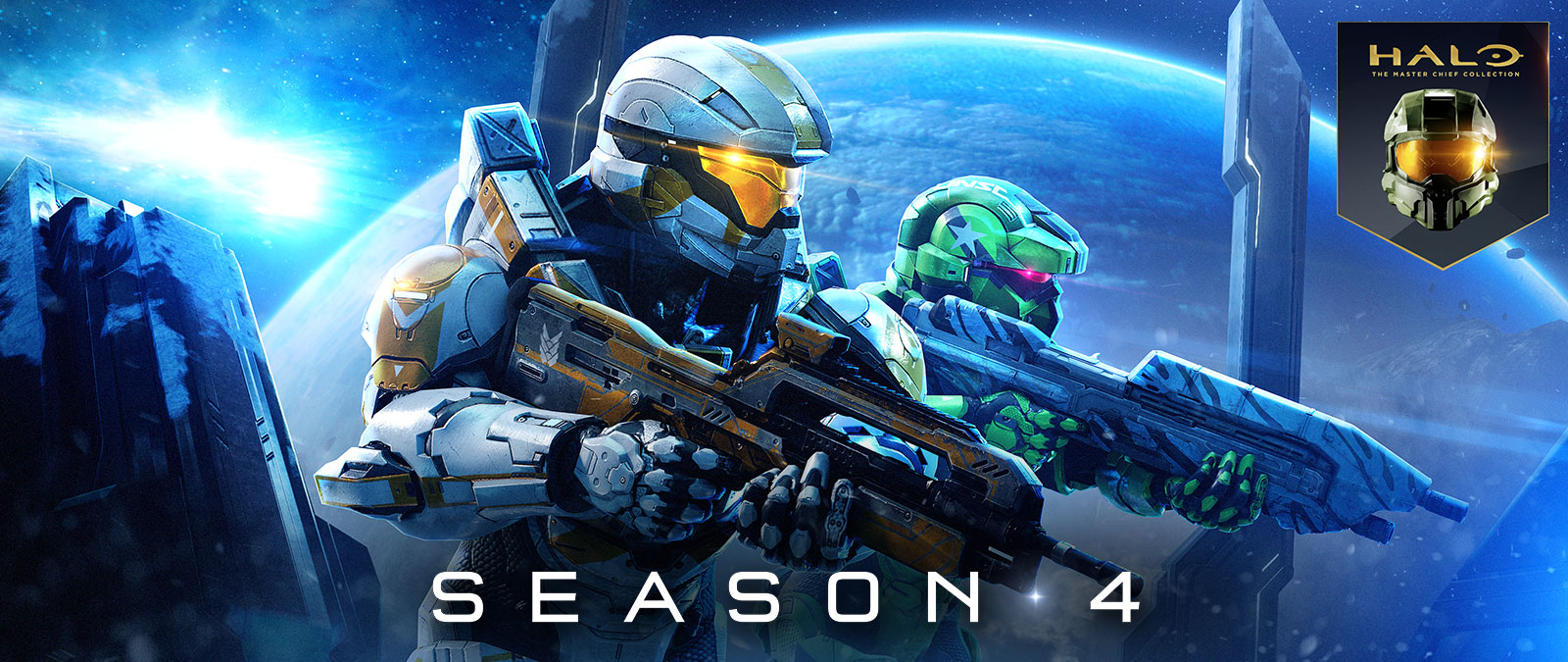 Halo: The Master Chief Collection, Staffel 4. Zwei Spartans stehen Seite an Seite bereit zum Kampf mit einem großen Planeten im Hintergrund