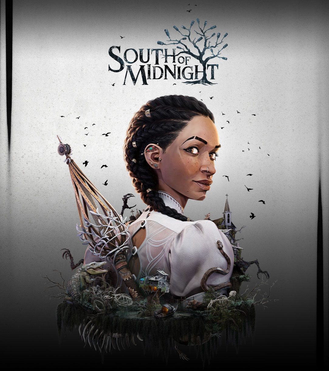 Logo hry South of Midnight, Hazel sa pozerá cez plece, okolo hlavy jej lietajú čierne vtáky a okolo ramien sa jej pohybuje lesnatá krajina. 