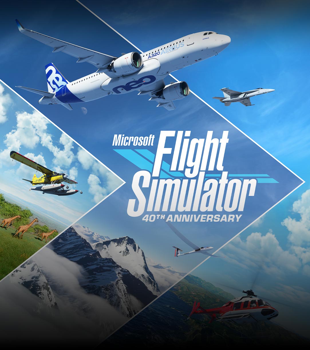 Microsoft Flight Simulator 40th Anniversary logó, repülőgépek és jelenetek a világ különböző részeiről