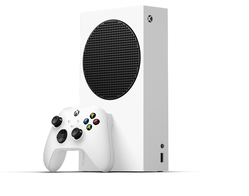 Left angle of the Xbox Series S with an Xbox wireless controller