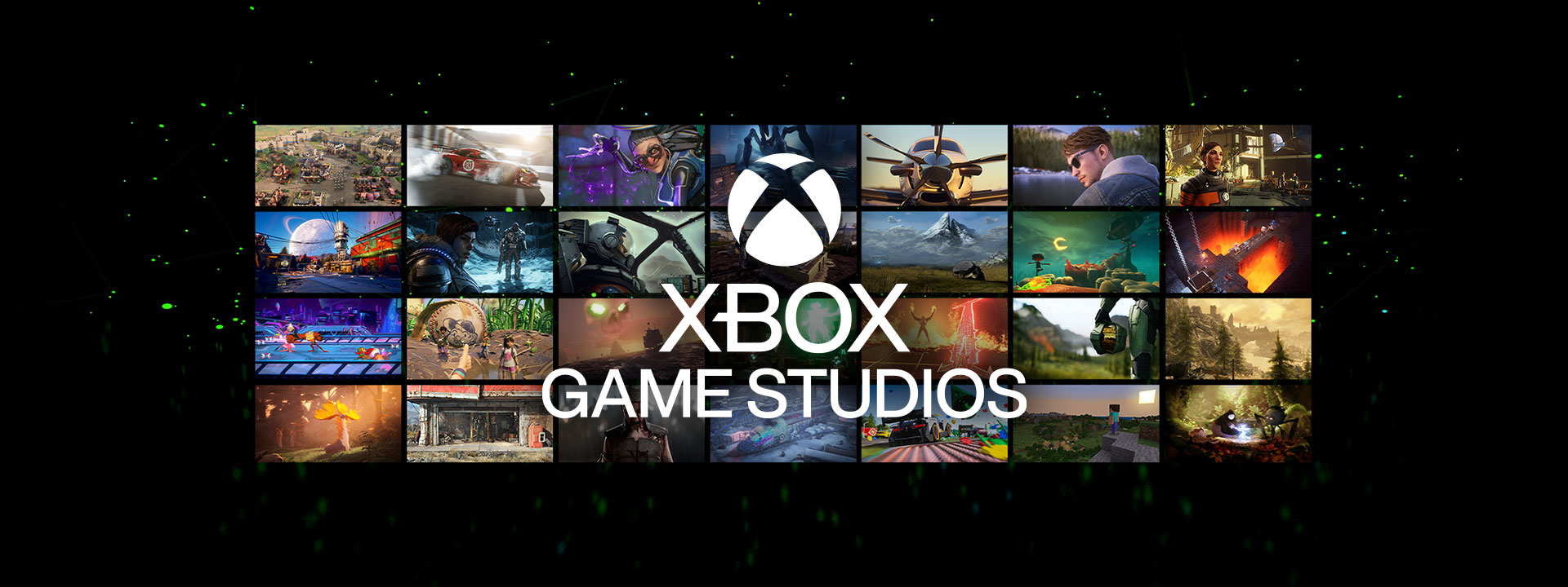 Xbox Games Studios 標誌在一排遊戲螢幕截圖上方
