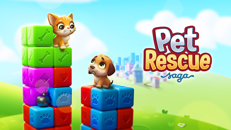 Pet Rescue Saga Frontansicht eines verängstigten Hundes und einer Katze, die auf Blöcken sitzen.
