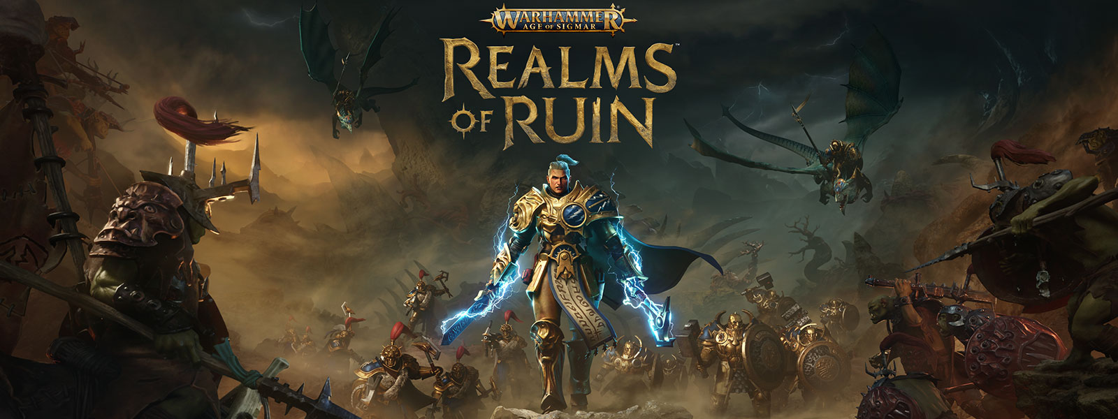 Warhammer Age of Sigmar: Realms of Ruin, A man and his allies walk toward an army of orcs on a battlefield while wielding two weapons that spark with blue lightning.
