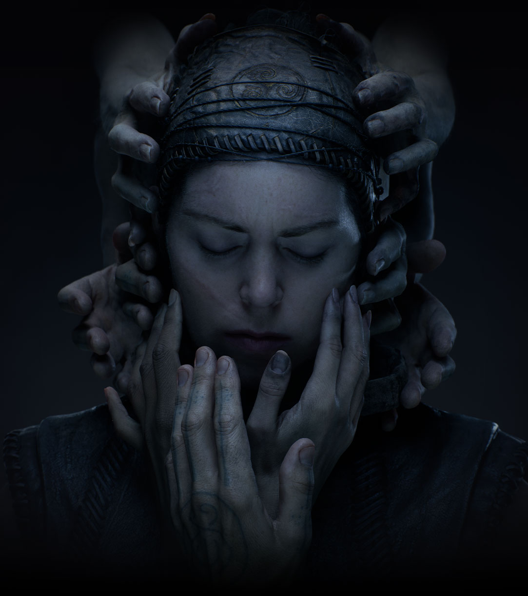 Senua sa zahľadí do tmy, keď jej tvár obopne masa rúk.