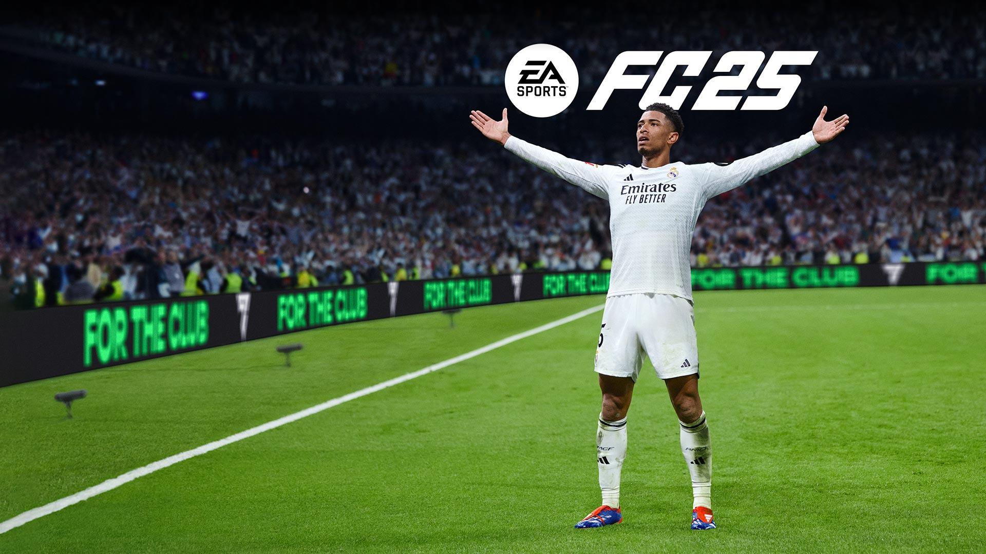 EA Sports FC 25 logo, a football player standing on the field in front of a large crowd with his arms held out.