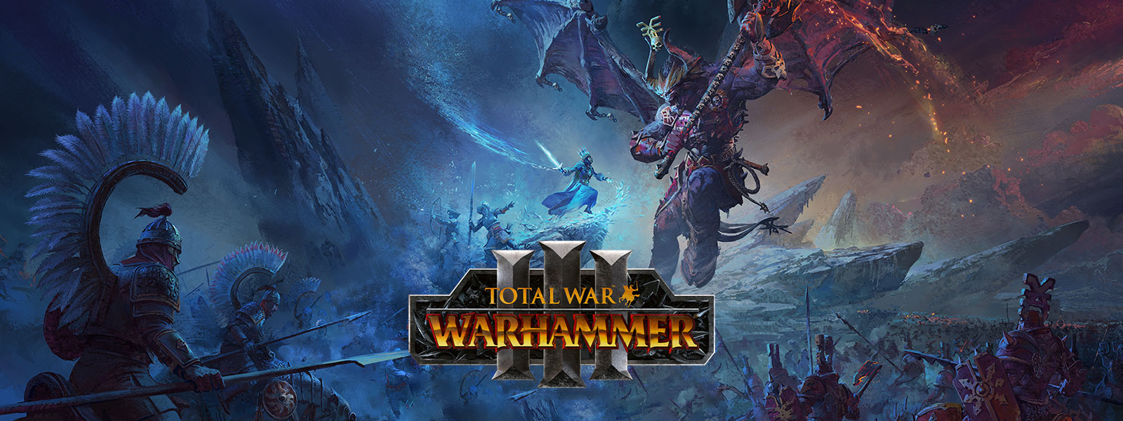 Total War Warhammer 3, An ice wizard faces off against a giant dragon demon above a battlefield.