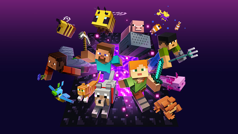 Steve, Alex e várias multidões do Minecraft saindo de um portal do Nether.