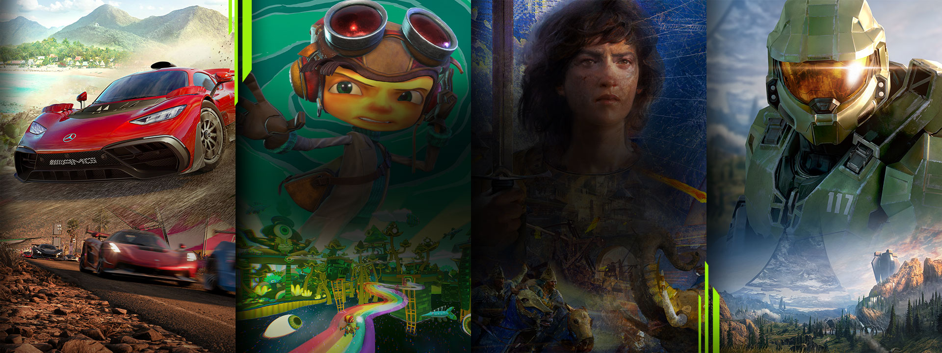 Eine Auswahl von Spielen, die mit Xbox Game Pass verfügbar sind, darunter Forza Horizon 5, Psychonauts 2, Age of Empires 4 und Halo Infinite.